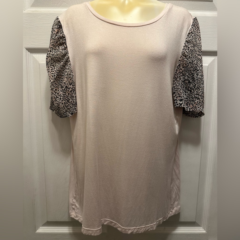 DKNY Pink Short Sleeve Tee with Leopard Print Sleeves